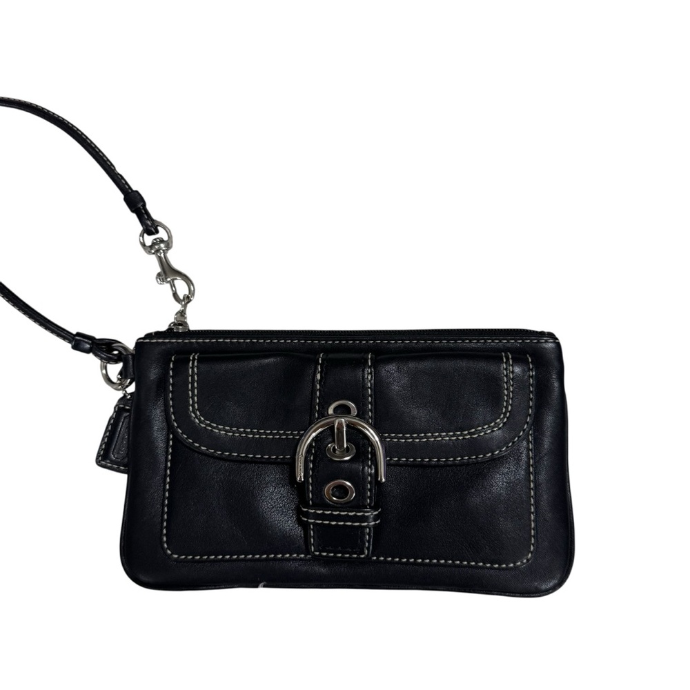Coach Black Leather Wristlet Clutch with Silver Buckle.